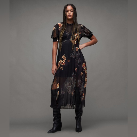 NWT AllSaints SLaverna Stargazer Floral Print Dress In Black - Picture 3 of 4